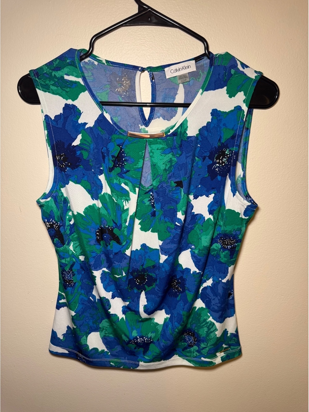 Calvin Klein Blue Green Floral Tank Blouse Gold Detail Size Small PTP 22 GC